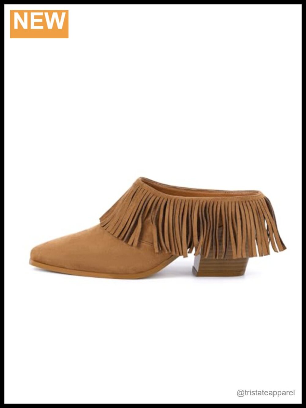 Women Western Fringe Mules Chunky Stacked Heel Slippers Pointed Toe Backless